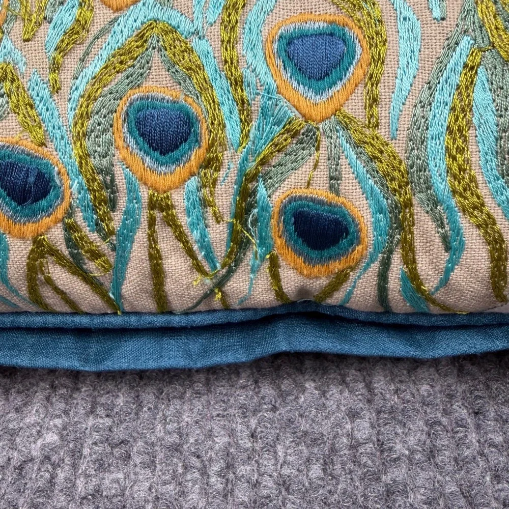 World Market Throw Pillow 18x18 Cotton Embroidered Peacock Dimensional Decor